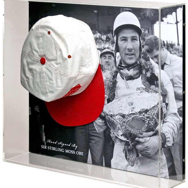 Stirling Moss Hand Signed Ferrari Formula 1 Baseball Cap Display