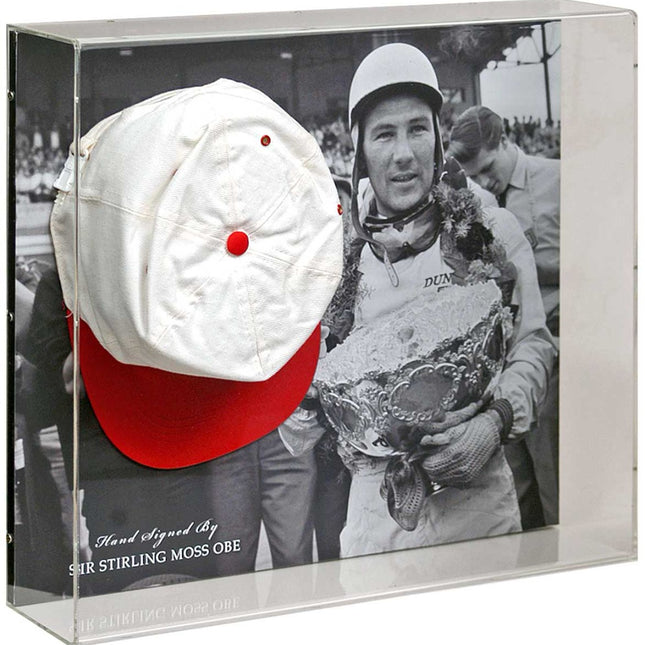 Stirling Moss Hand Signed Ferrari Formula 1 Baseball Cap Display