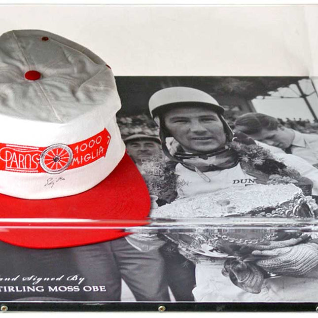 Stirling Moss Hand Signed Ferrari Formula 1 Baseball Cap Display