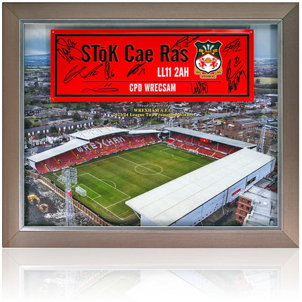 Wrexham 2023/24 Signed Promotion Squad SToK Cae Ras Street Sign Presentation 23x19" Framed