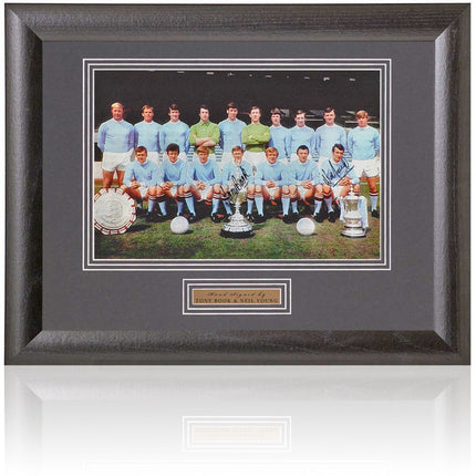 Book and Young Signed Manchester City 1968-69 Treble Legends Photograph 15x9" Framed