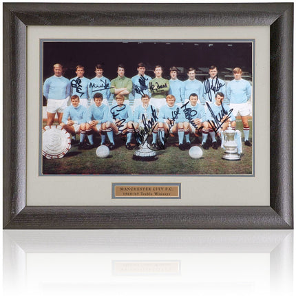 Manchester City 1968-69 Treble Legends Hand Signed Team Photograph 15x19'' Framed