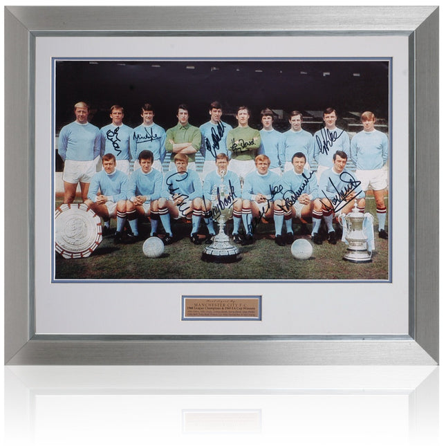Manchester City 1968/69 Treble Legends Hand Signed Team Photograph 23x19" Framed