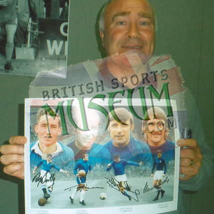 Chelsea Legends Montage Signed by Bentley, Harris, Tambling and Cooke 23x19in Framed