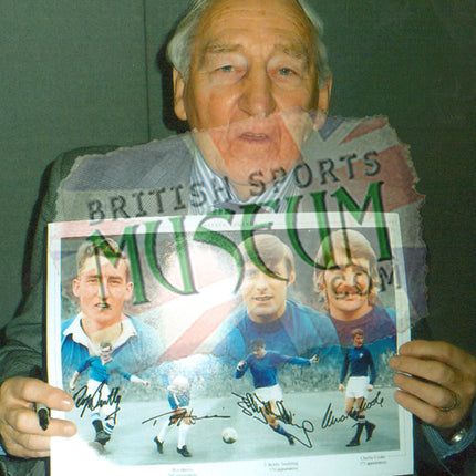 Chelsea Legends Montage Signed by Bentley, Harris, Tambling and Cooke 23x19in Framed