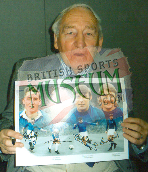 Chelsea Legends Montage Signed by Bentley, Harris, Tambling and Cooke 23x19in Framed
