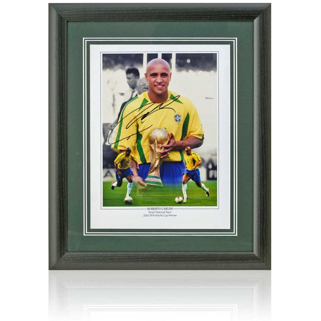 Roberto Carlos Brazil Legend Signed World Cup 2002 Winner Montage 23x19in Framed