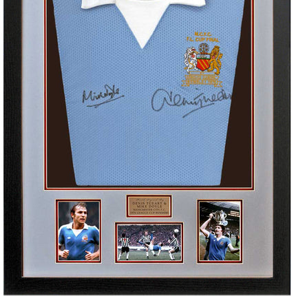 Denis Tueart and Mike Doyle Hand Signed Manchester City 1976 League Cup Replica Shirt Framed