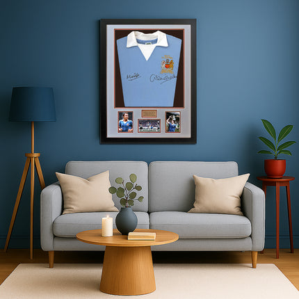 Denis Tueart and Mike Doyle Hand Signed Manchester City 1976 League Cup Replica Shirt Framed