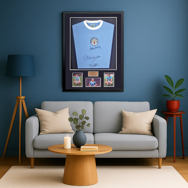 Marsh Tueart and Doyle Hand Signed Manchester City 1970's Replica Shirt Framed