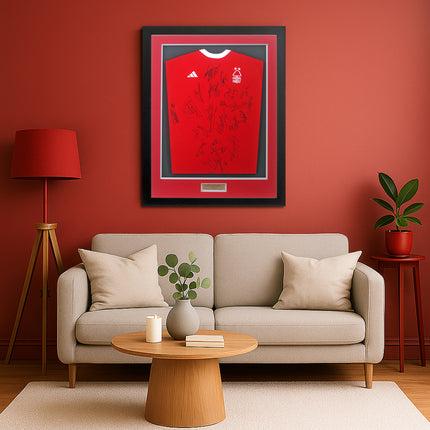 Nottingham Forest 2023/24 Squad Hand Signed Home Shirt Framed