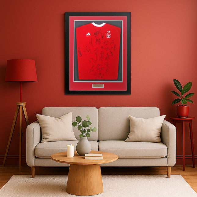 Nottingham Forest 2023/24 Squad Hand Signed Home Shirt Framed