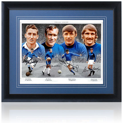 Chelsea Legends Montage Signed by Bentley, Harris, Tambling and Cooke 23x19in Framed