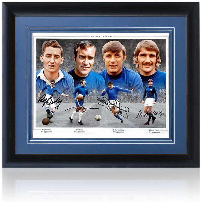 Chelsea Legends Montage Signed by Bentley, Harris, Tambling and Cooke 23x19in Framed