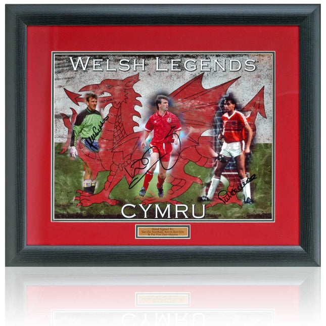 Southall | Ratcliffe | Van Den Hauwe Signed Wales Legends Montage 23x19in Framed