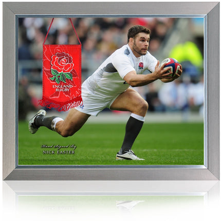 Nick Easter Hand Signed England Rose Crest Rugby Pennant Presentation 23x19" Framed