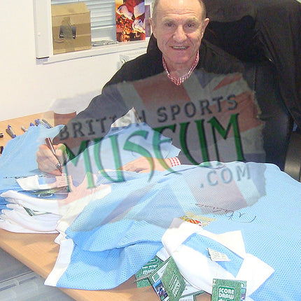 Denis Tueart and Mike Doyle Hand Signed Manchester City 1976 League Cup Replica Shirt Framed