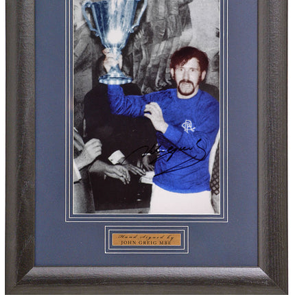 John Greig Rangers Legend Hand Signed 1972 ECWC Trophy Photograph 15x19" Framed