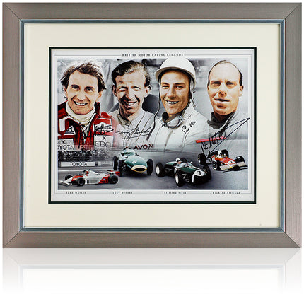 Legends of Formula One Montage Hand Signed by Moss, Brooks, Watson, and Attwood Montage 23x19" Framed